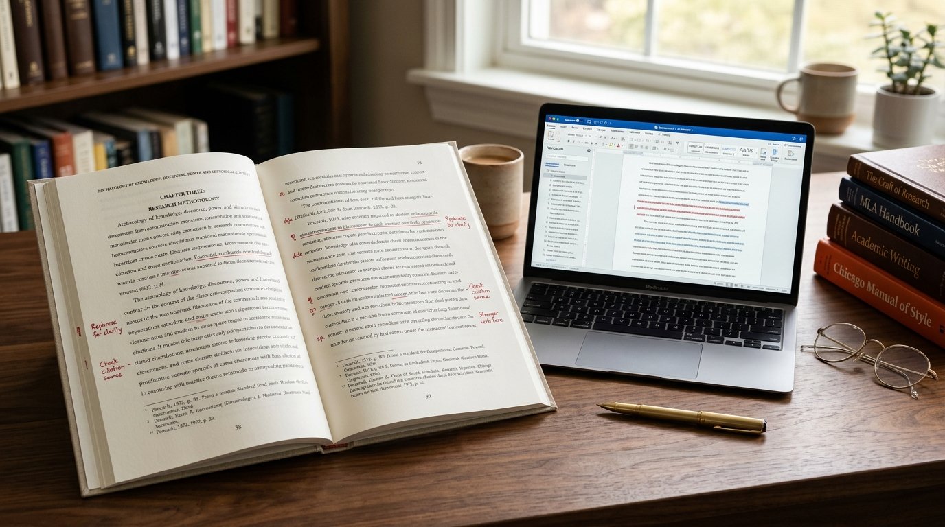 Scholarly dissertation manuscript with editorial formatting notes and citation manuals on a desk