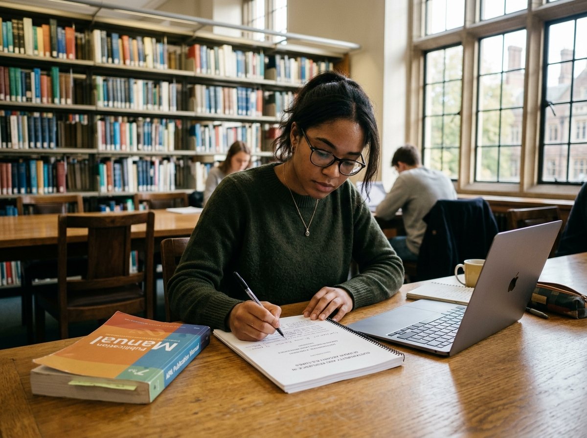 Postgraduate researcher reviewing thesis manuscript formatting guidelines in university library